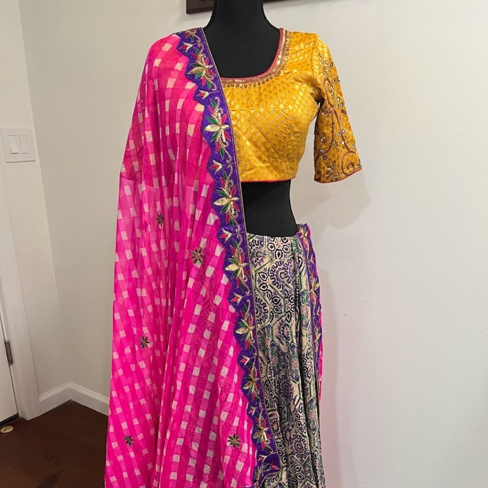 Designer Prapti Mehta Trendy Yet Classic Yellow, Purple, Pink Multicolor Lehenga